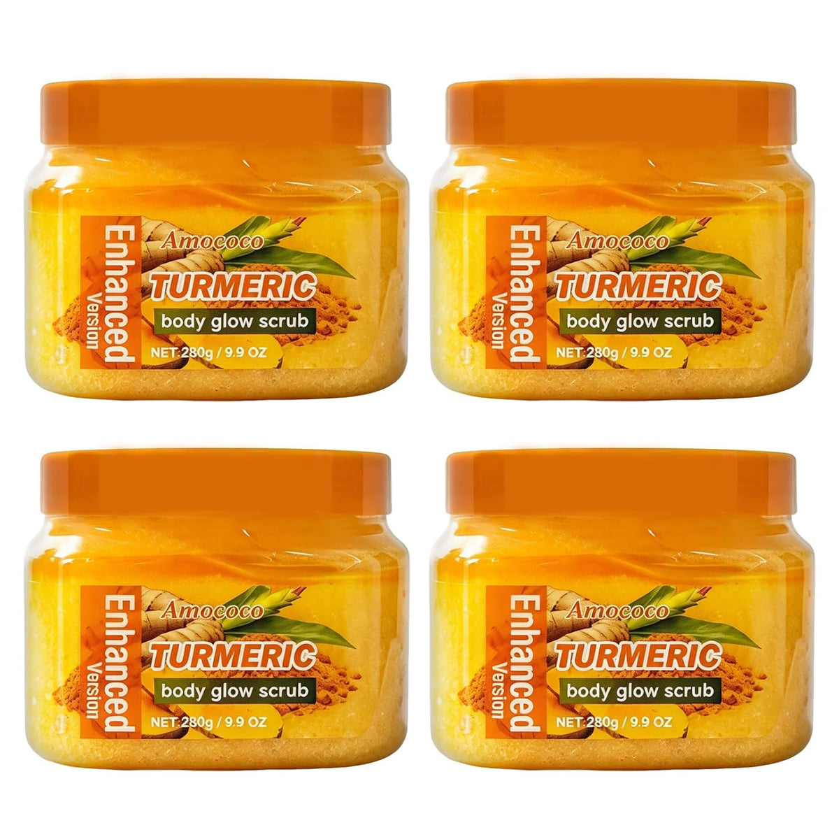 4Packs Turmeric Body Scrub, Botanical Skin Cleanser for Dullness & Uneven Tone, Gentle Exfoliating Scrub for Smooth & Glowing Skin Texture, 9.8 oz*4