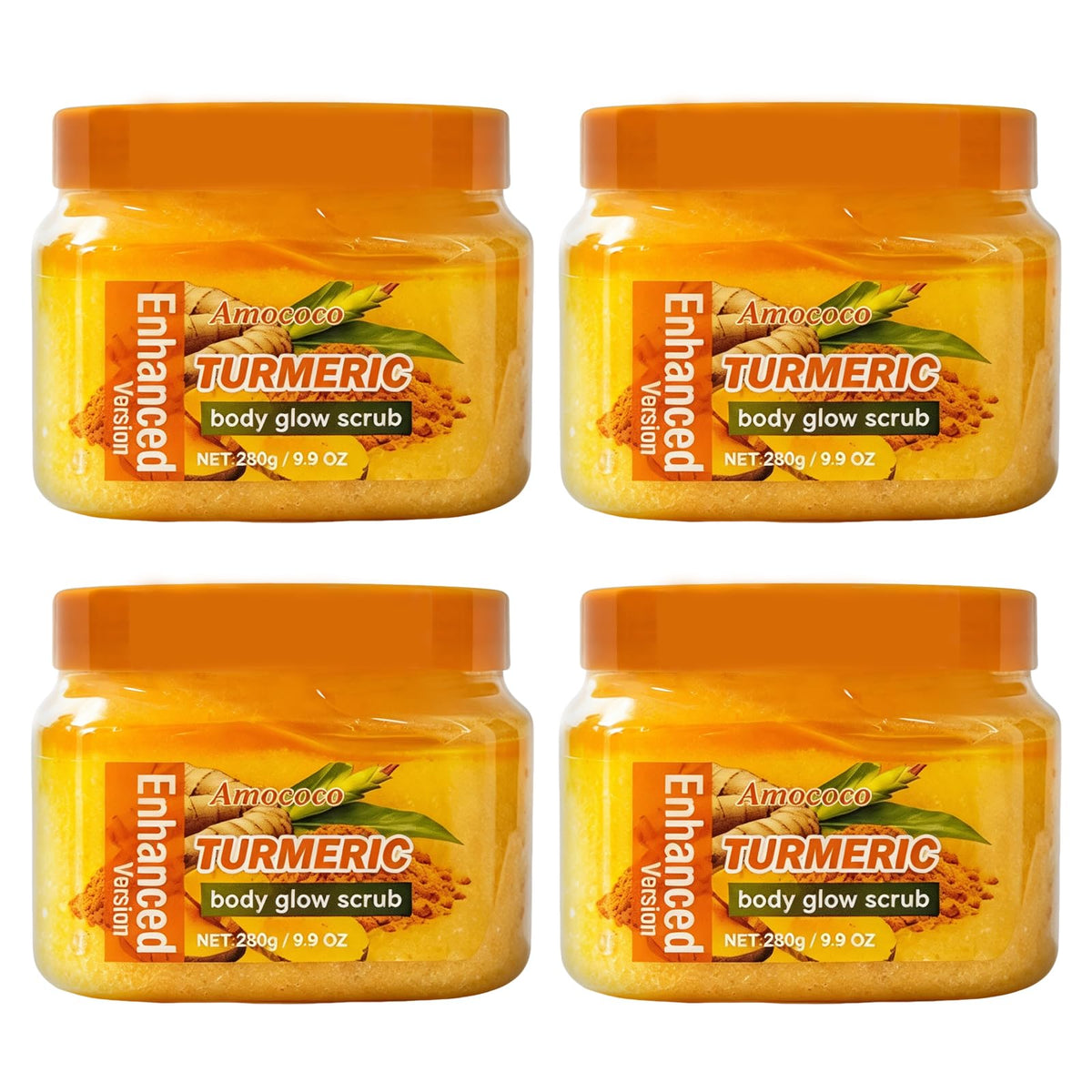 4Packs Turmeric Body Scrub, Botanical Skin Cleanser for Dullness & Uneven Tone, Gentle Exfoliating Scrub for Smooth & Glowing Skin Texture, 9.8 oz*4