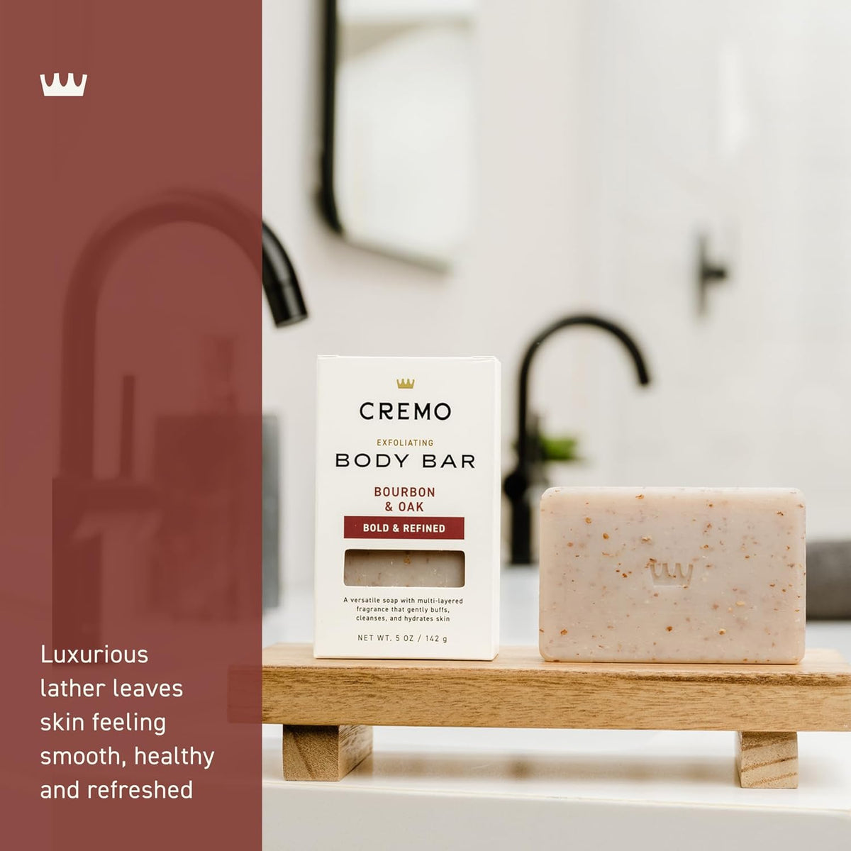 Cremo Exfoliating Body Bar Soap for Men, Bourbon & Oak Scent, 5 oz