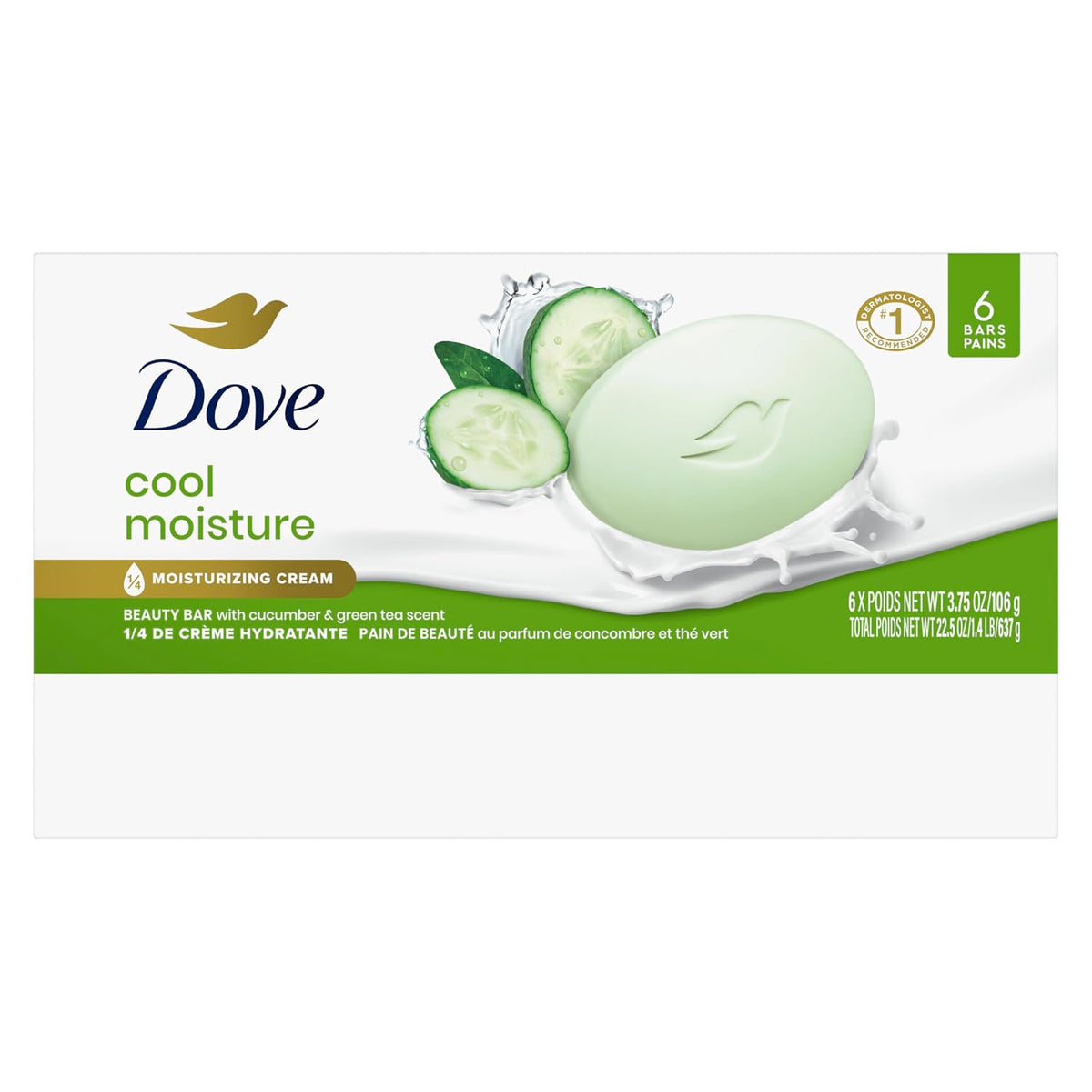 Dove Beauty Bar Soap Cool Moisture Cucumber & Green Tea Scent 6 Bars 3.75oz
