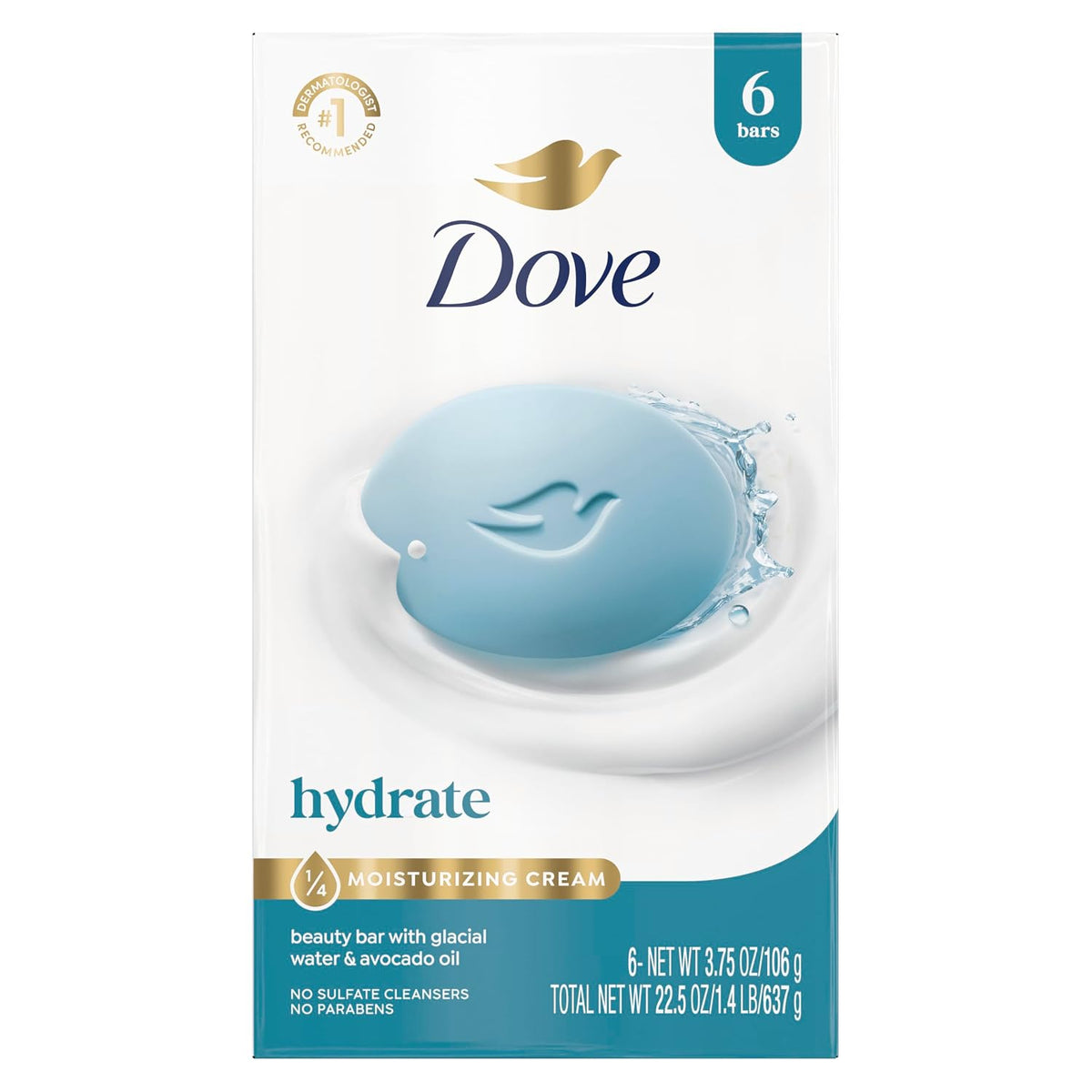 Dove Beauty Bar Soap , Glacial Water & Avocado Oil, I 6 Count 3.75 oz