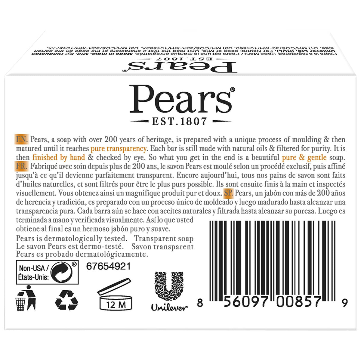 Pears Soap, Pure & Gentle with Natural Oils, 12-Pack – Transparent Amber Glycerin Soap for Pampered, Glowing Skin, 4.4 Oz Ea