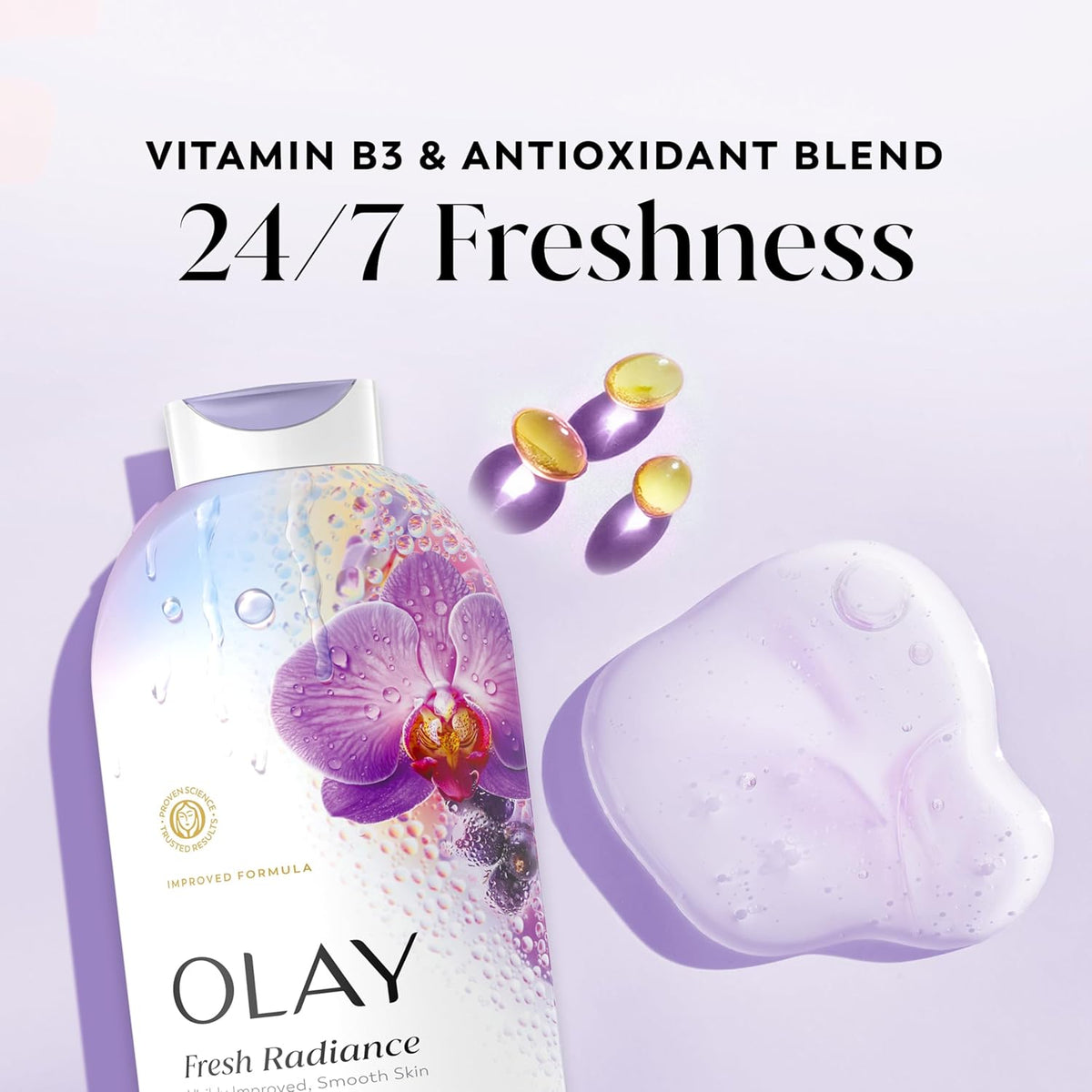 Olay Body Wash for Women, Fresh Radiance, 24/7 Skin-Loving Freshness, Visibly Radiant, Plant Based Cleansers, Vitamin B3 & Antioxidant Blend, For All Skin Types, Orchid & Black Currant Scent, 22 fl oz