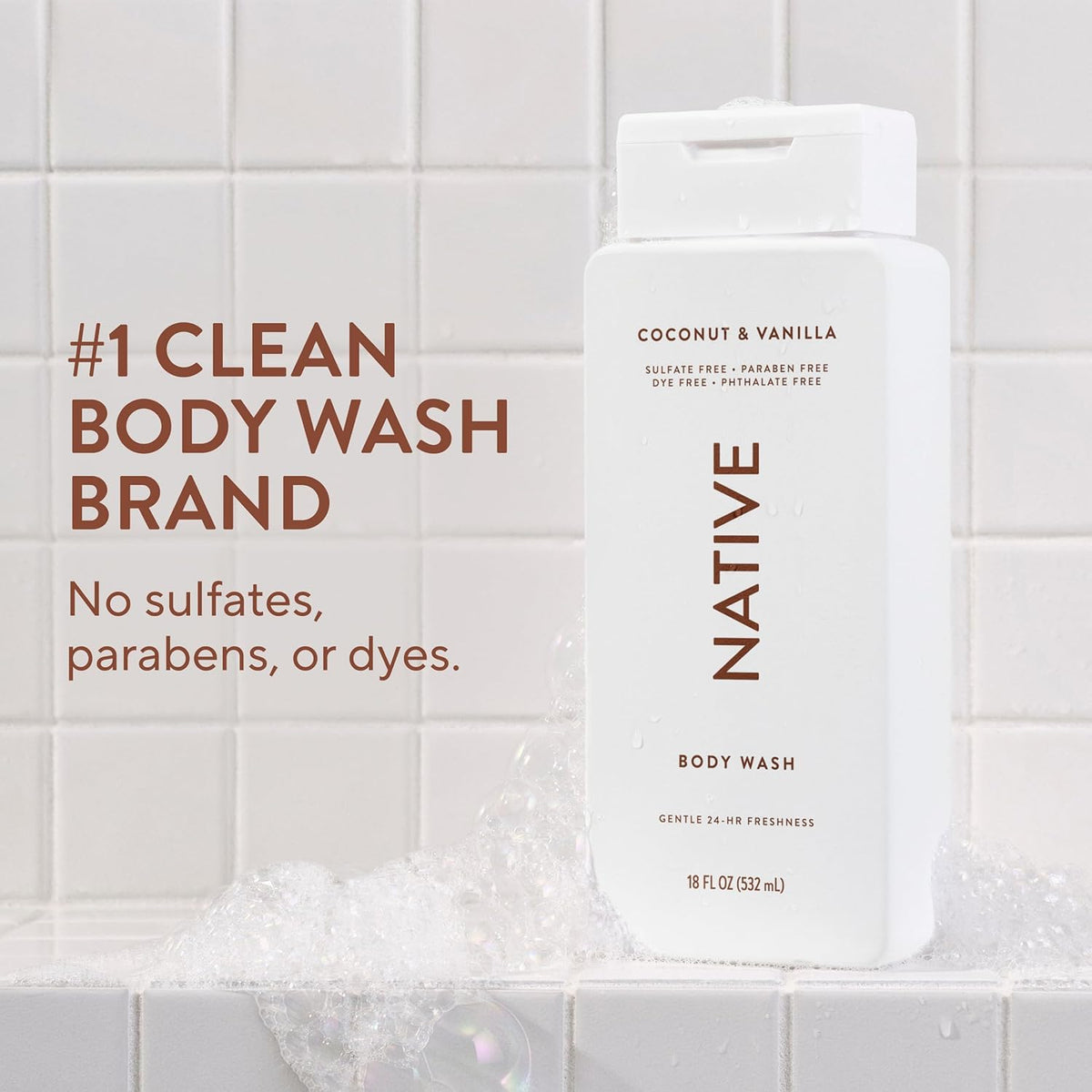 Native Clean Body Wash, Gentle & pH-balanced for Sensitive Skin, 24-Hr Freshness for Women & Men, Vegan & Cruelty-Free, Free of Sulfates, Parabens & Phthalates, Coconut & Vanilla, 18fl oz