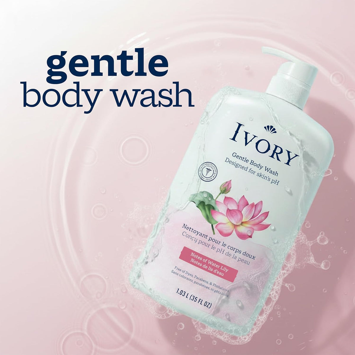 Ivory Body Wash, Designed for the Whole Family, Gentle Formula, Free of Dyes Heavy Perfumes Parabens Phthalates & Silicones, Designed for Skin's pH, Water Lily Scent, 35 oz