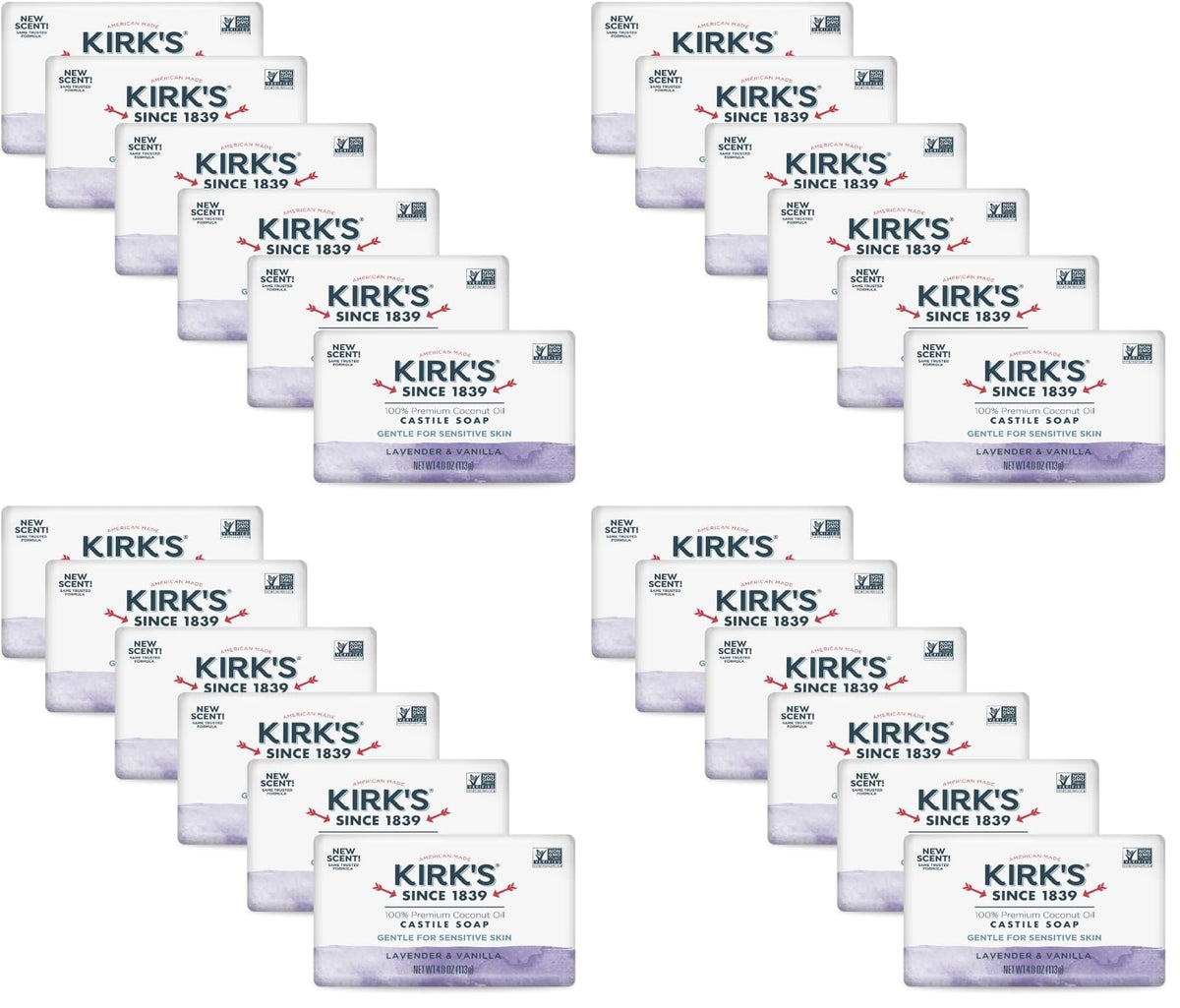 Kirk's Castile Bar Soap, Lavender & Vanilla - Clinically Tested, Safe for Sensitive Skin with Coconut Oil, Vegan and Non-GMO - 4 oz Bars, 6 Pack
