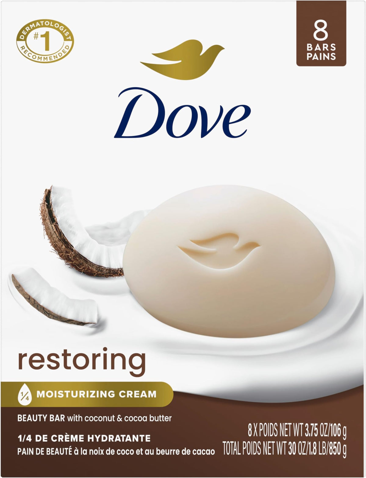 Dove Restoring Beauty Bar Soap, Coconut & Cocoa Butter, I 8 Count 3.75 oz