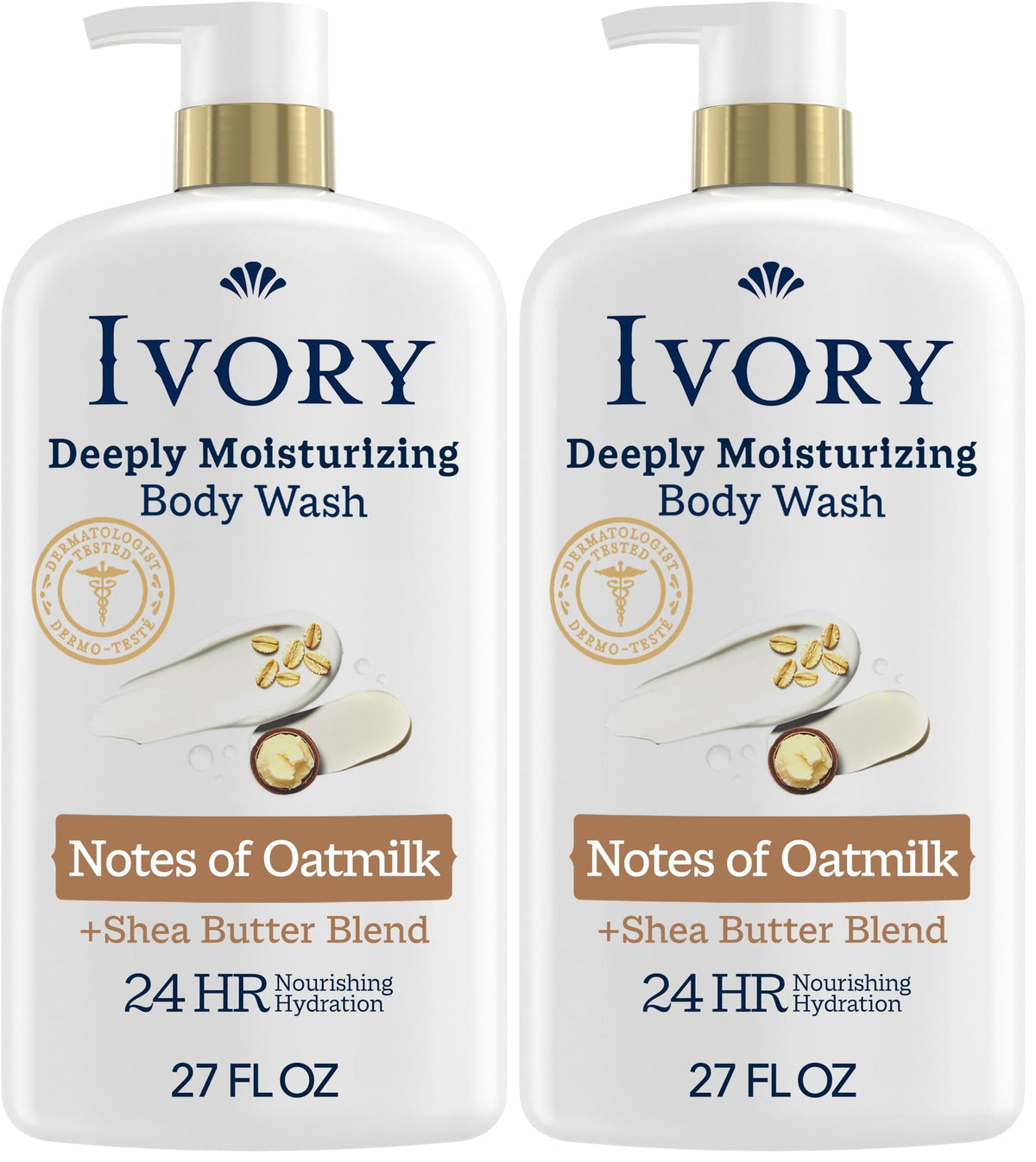 Ivory Deeply Moisturizing Body Wash, 24hr Nourishing Hydration, Soothes Itchy Dry Skin, Made with Shea Butter Blend, Free of Dyes Heavy Perfumes Parabens & Phthalates, Oatmilk Scent, 27 oz