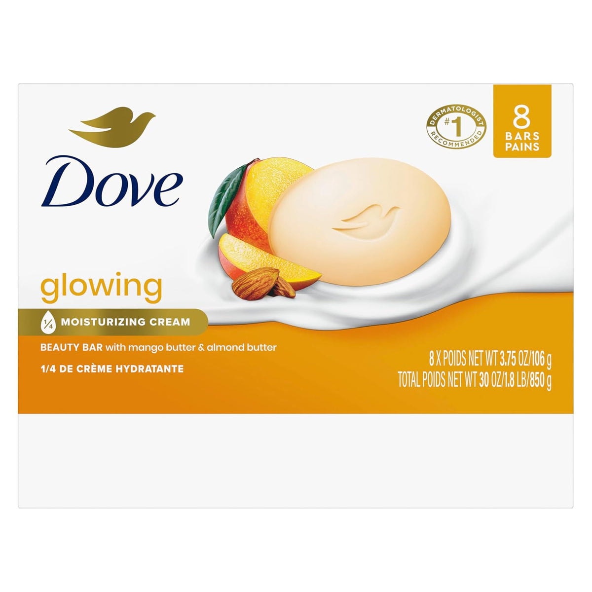 Dove Glowing Beauty Bar Soap , Mango & Almond Butters, I 8 Count 3.75 oz