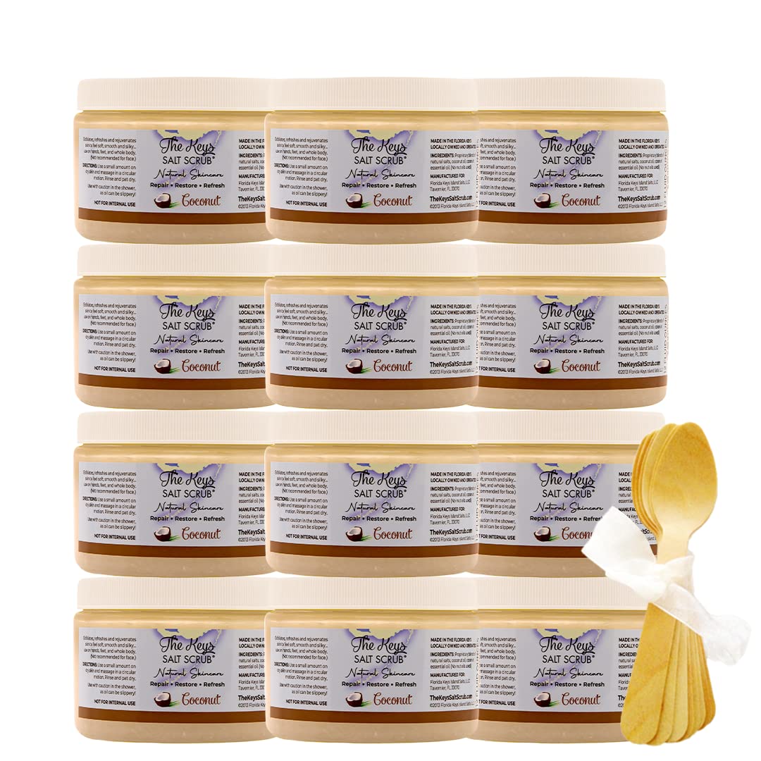 The Keys Salt Scrub -Sea Salt Scrub - Exfoliating Body Scrub with Wooden Spoon - Moisturizing Exfoliator for Hands, Foot, Bath, (12 Ounce (Pack of 1), Mango Coconut)