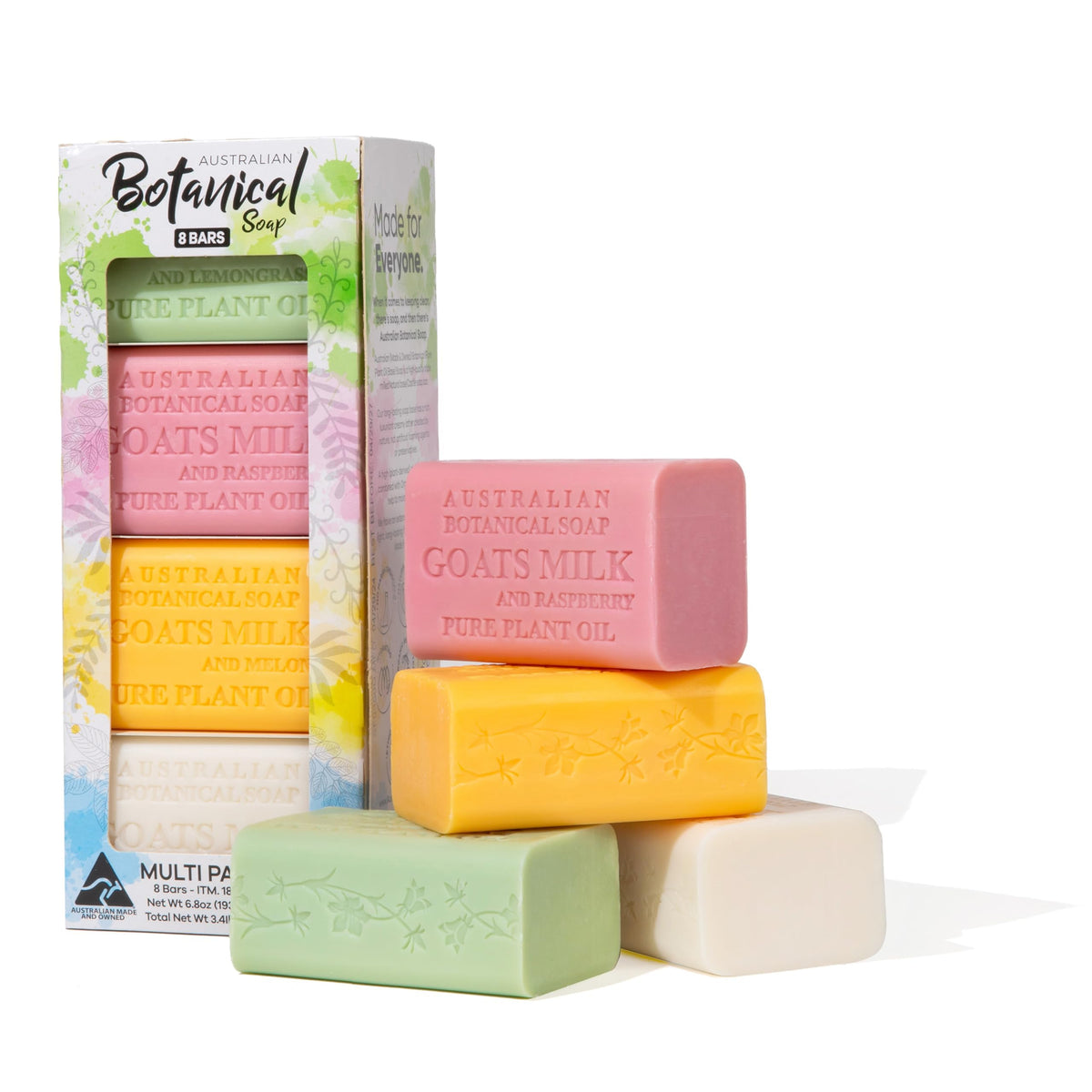 Australian Botanical Soap Variety Pack, 6.6 oz Bars – Goat Milk, Eucalyptus, Manuka Honey, Sea Salt, Pink Lychee, Lemongrass, Raspberry, Valencia Orange – Enriched with Organic Shea Butter, Pack of 8