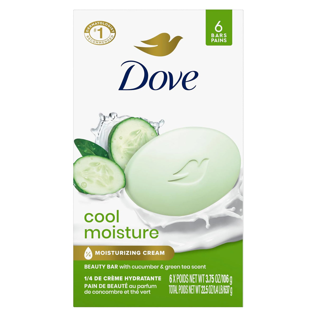 Dove Beauty Bar Soap Cool Moisture Cucumber & Green Tea Scent 6 Bars 3.75oz