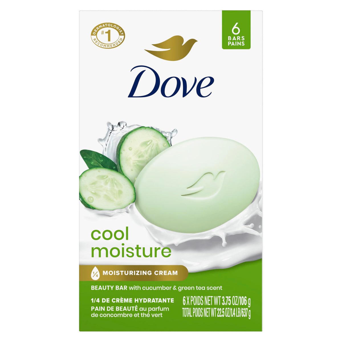 Dove Beauty Bar Soap Cool Moisture Cucumber & Green Tea Scent 6 Bars 3.75oz