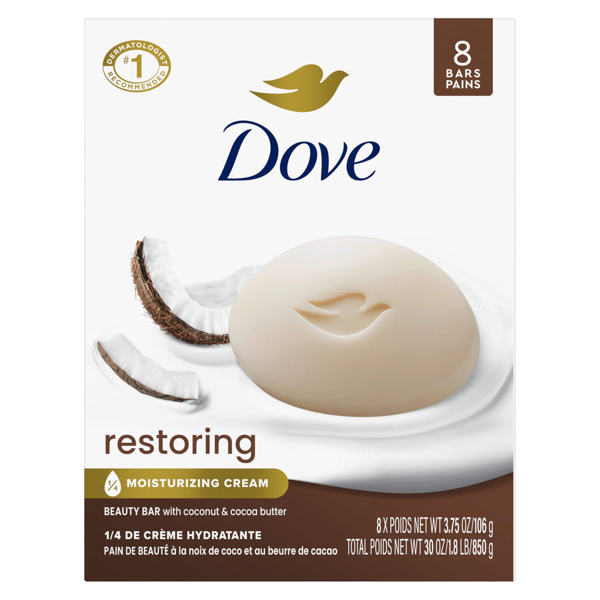Dove Restoring Beauty Bar Soap, Coconut & Cocoa Butter, I 8 Count 3.75 oz