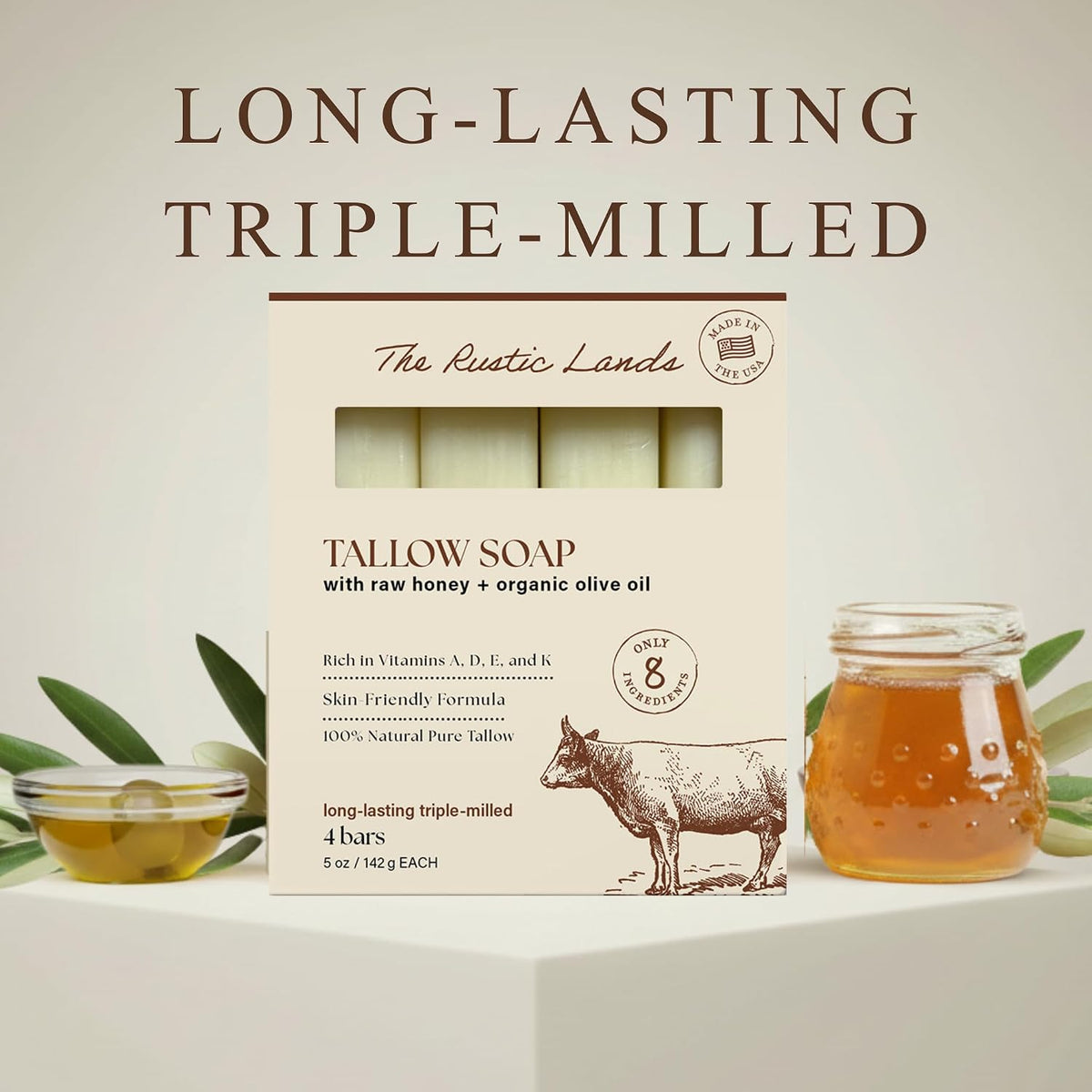 THE RUSTIC LANDS Natural Beef Tallow Soap Bars with Raw Honey & Olive Oil - Scented with Eucalyptus Essential Oil, 4 Pack (5 oz Each), Made in USA Soap for Sensitive Skin, Moisturizing Bath & Body
