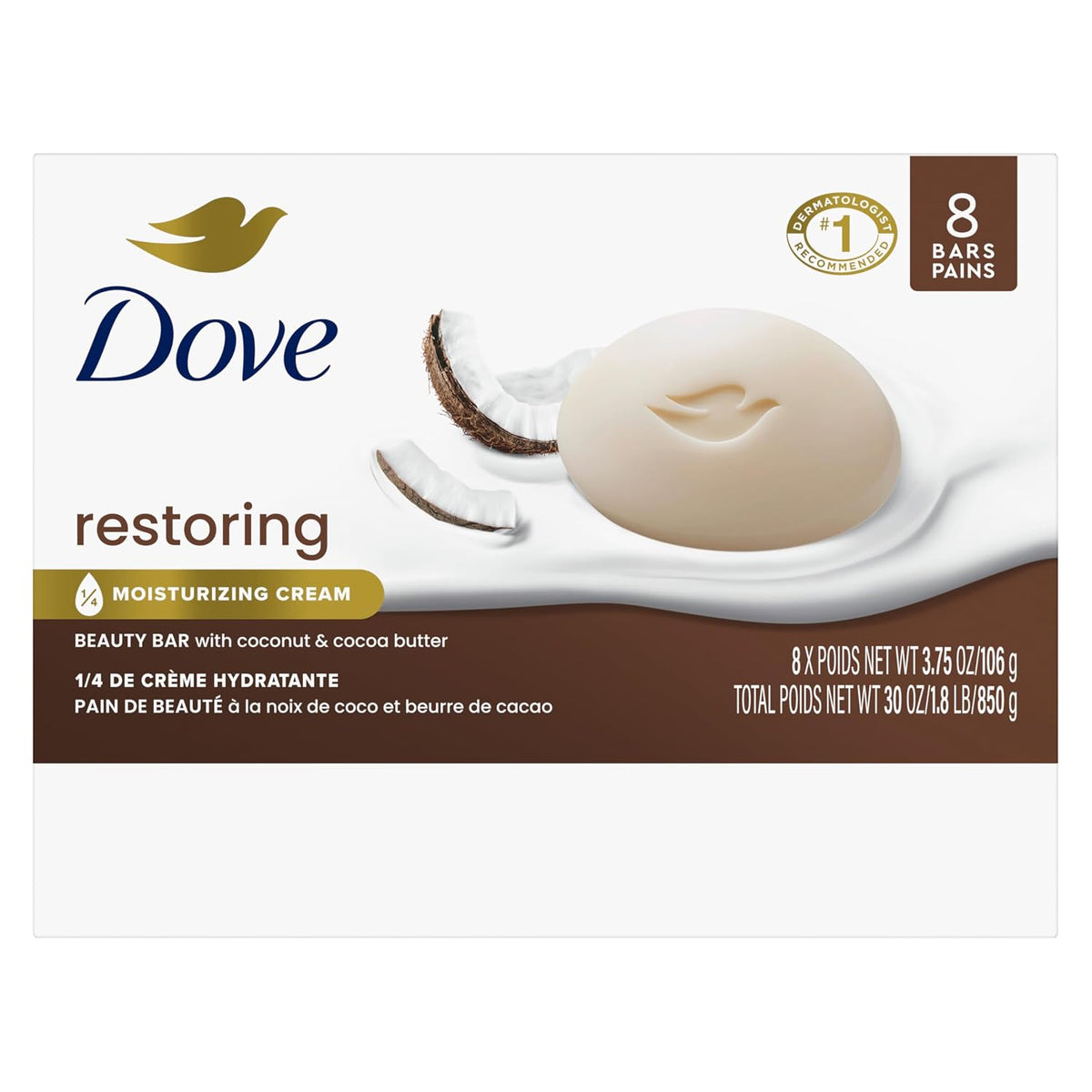 Dove Restoring Beauty Bar Soap, Coconut & Cocoa Butter, I 8 Count 3.75 oz