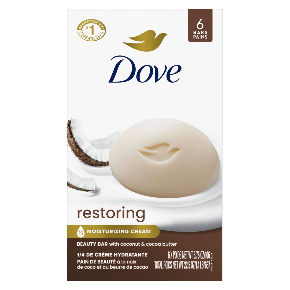 Dove Restoring Beauty Bar Soap, Coconut & Cocoa Butter, I 8 Count 3.75 oz