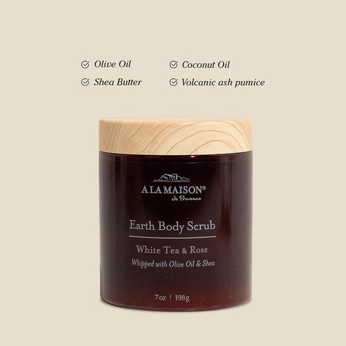 A LA MAISON Earth Body Scrub – White Tea & Rose – Natural Pumice Scrub with Shea Butter & Olive Oil – Gently Exfoliates & Softens Skin – French Formula – Plant-Based – 7 oz – Amber Collection