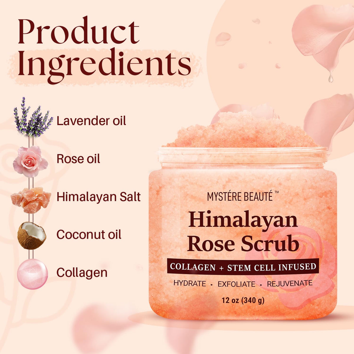Himalayan Salt Body Scrub, Collagen & Rose Oil for Skin Cleansing, 12 fl oz