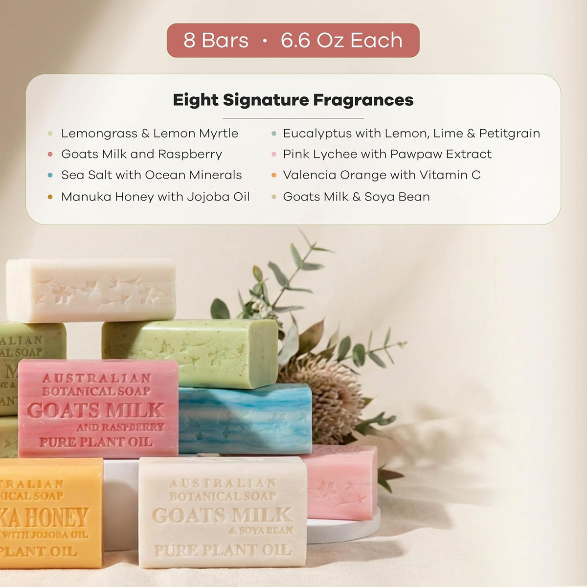 Australian Botanical Soap Variety Pack, 6.6 oz Bars – Goat Milk, Eucalyptus, Manuka Honey, Sea Salt, Pink Lychee, Lemongrass, Raspberry, Valencia Orange – Enriched with Organic Shea Butter, Pack of 8