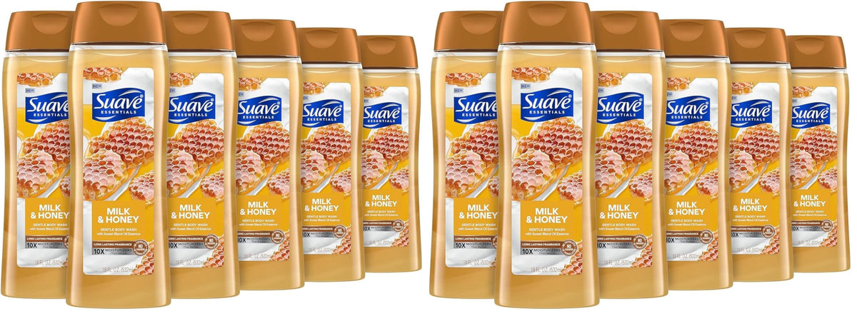 Suave Moisturizing Body Wash, with Milk & Honey and Vitamin E Extract, No Parabens, No Phtahaltes, 18 Oz Pack of 6