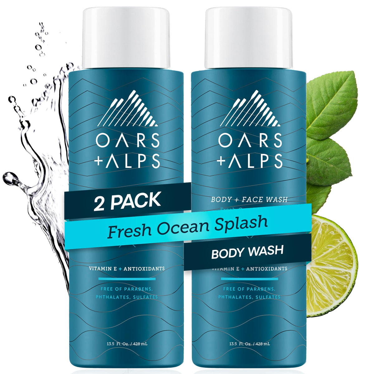 Oars + Alps Mens Body & Face Wash, Moisturizing Body Wash, 2pk, 13.5 Fl Oz