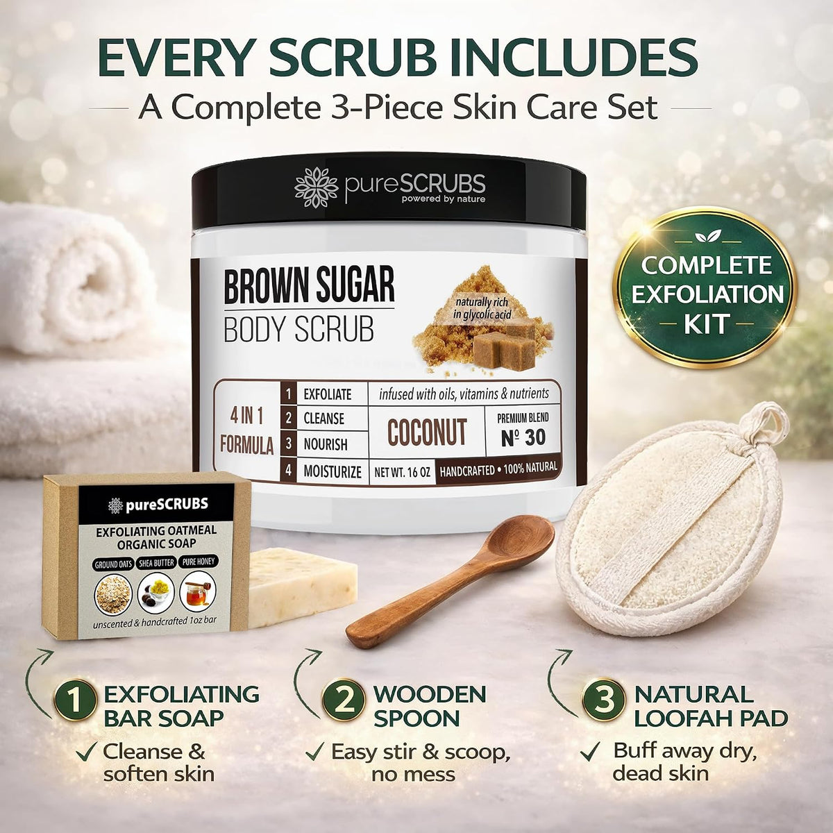 pureSCRUBS Premium Coconut Brown Sugar Scrub, Exfoliating Body Scrub Set