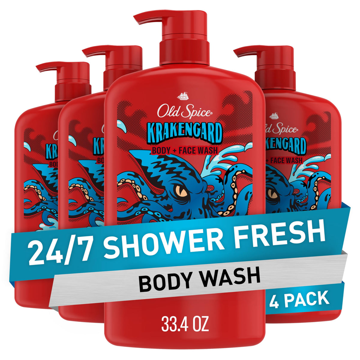 Old Spice Body Wash for Men, 24/7 Shower Fresh with Long Lasting Scent, Refreshing 3X Defense, Red Collection, Swagger with Cedarwood Scent, 33.4 oz (Pack of 4)