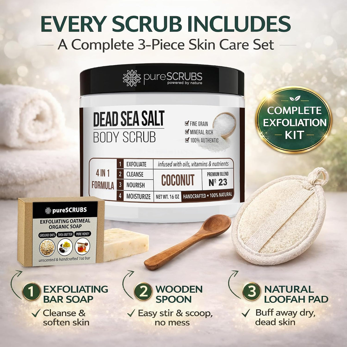 pureSCRUBS Premium Coconut Body Scrub Set, Exfoliating Dead Sea Salt Scrub