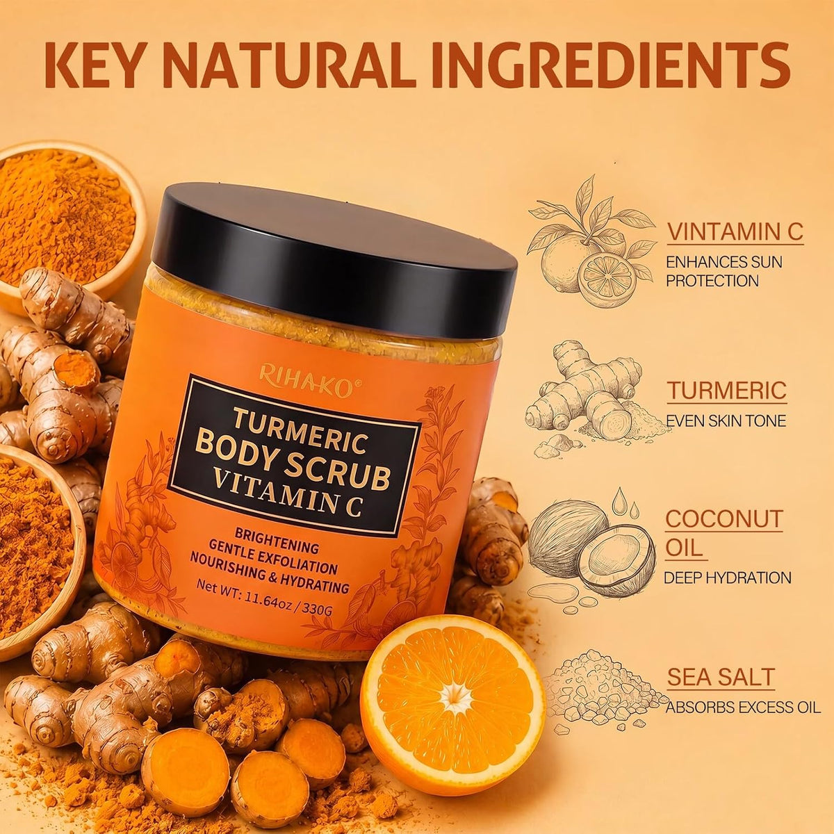 RIHAKO Turmeric Body Scrub, Exfoliating Body Scrub with Vitamin C, Deep Cleansing Skin Exfoliator Scrub, Organic Moisturizing Skincare for Bikini Area, Body, Hands, and Foot 11.64 oz