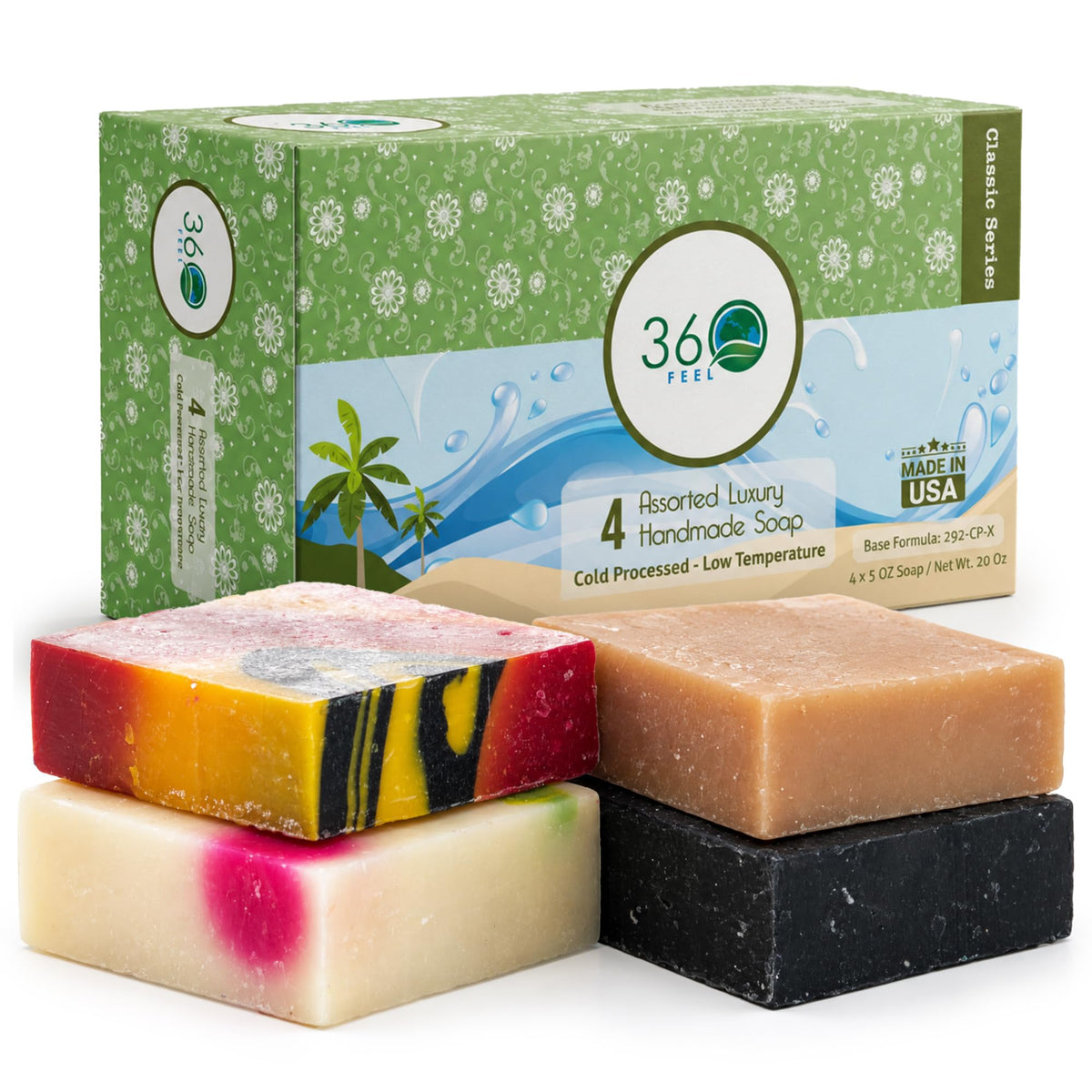 360Feel Fresh Bar Soap Set - Made in the USA - Castile Handmade Natural Cold Processed - Gentle on Sensitive Skin - 4 Refreshing Scents Aloe Vera, Cotton Blossom, Spring Scrub, Cool Water-5oz, 4-Pack