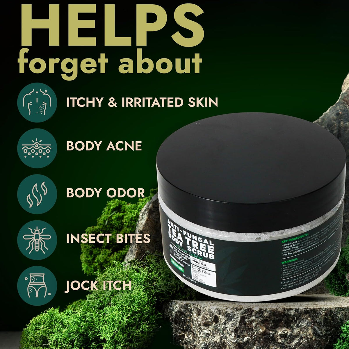 Antifungal Body Scrub with Tea Tree Oil Soothes Itchy Skin & Rashes