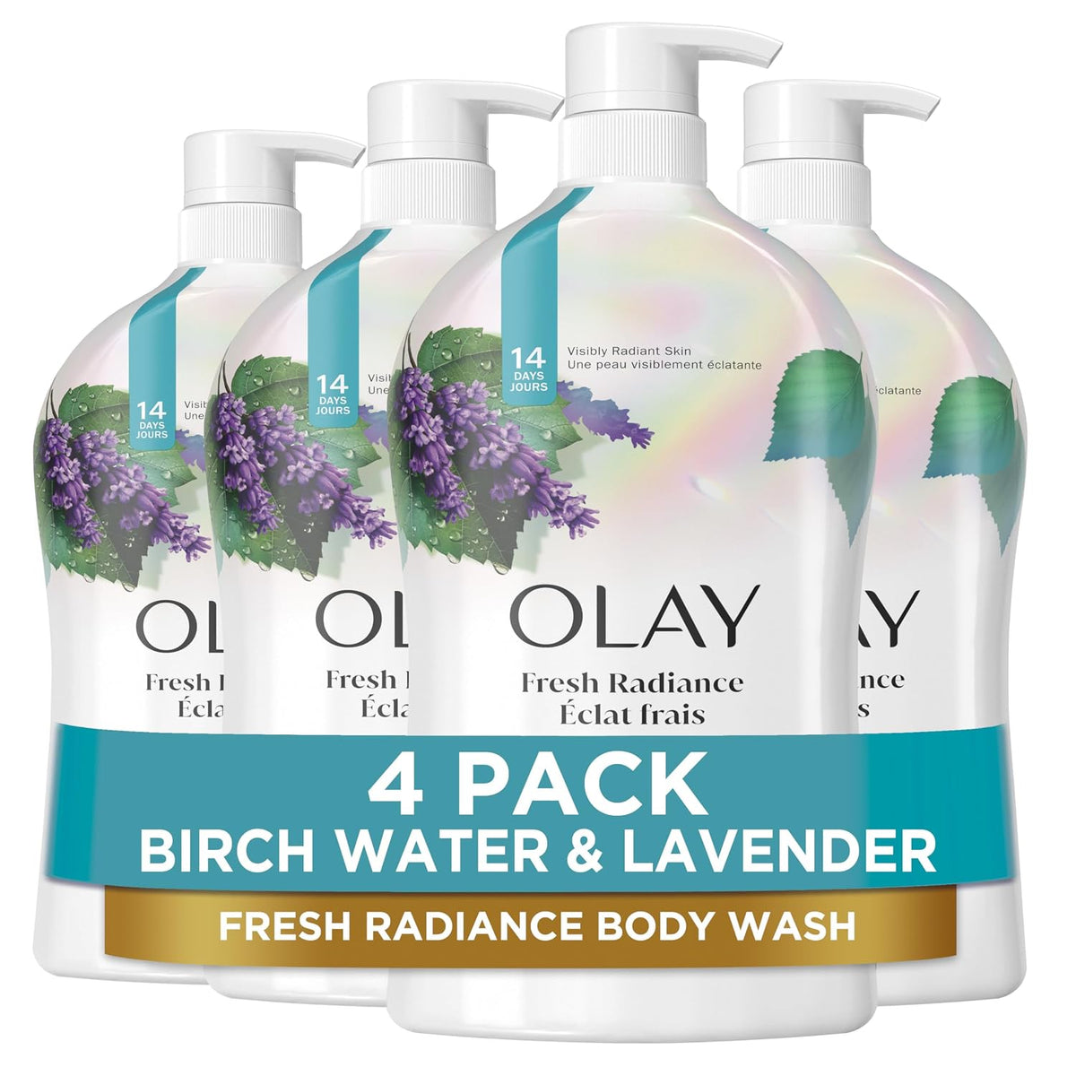 Olay Body Wash for Women, Fresh Radiance, Refreshing & Renewing, Made with Plant Based Cleansers, B3 Botanical Complex, For All Skin Types, Birch Water & Lavender Scent, 33 fl oz (Pack of 4)