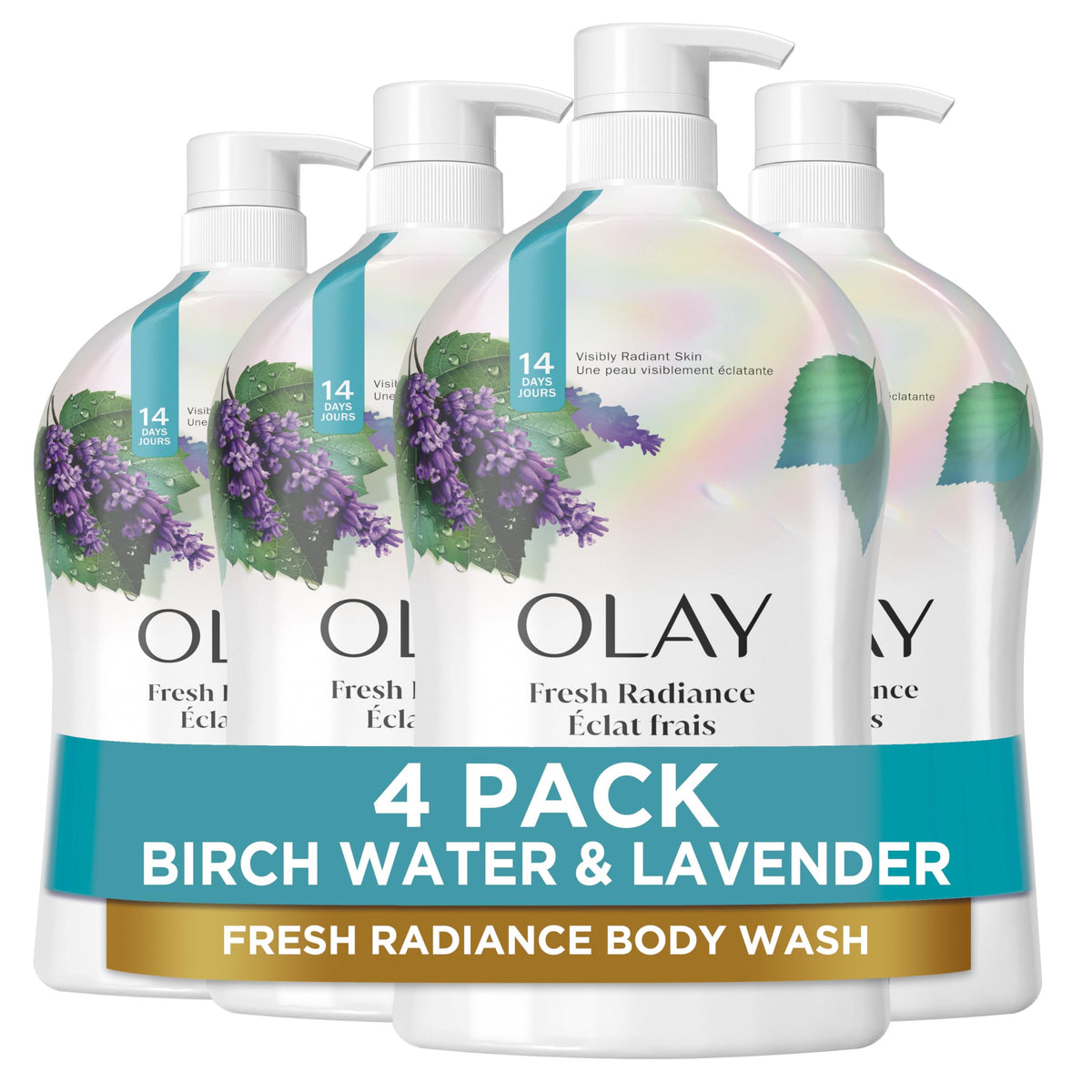 Olay Body Wash for Women, Fresh Radiance, Refreshing & Renewing, Made with Plant Based Cleansers, B3 Botanical Complex, For All Skin Types, Birch Water & Lavender Scent, 33 fl oz (Pack of 4)