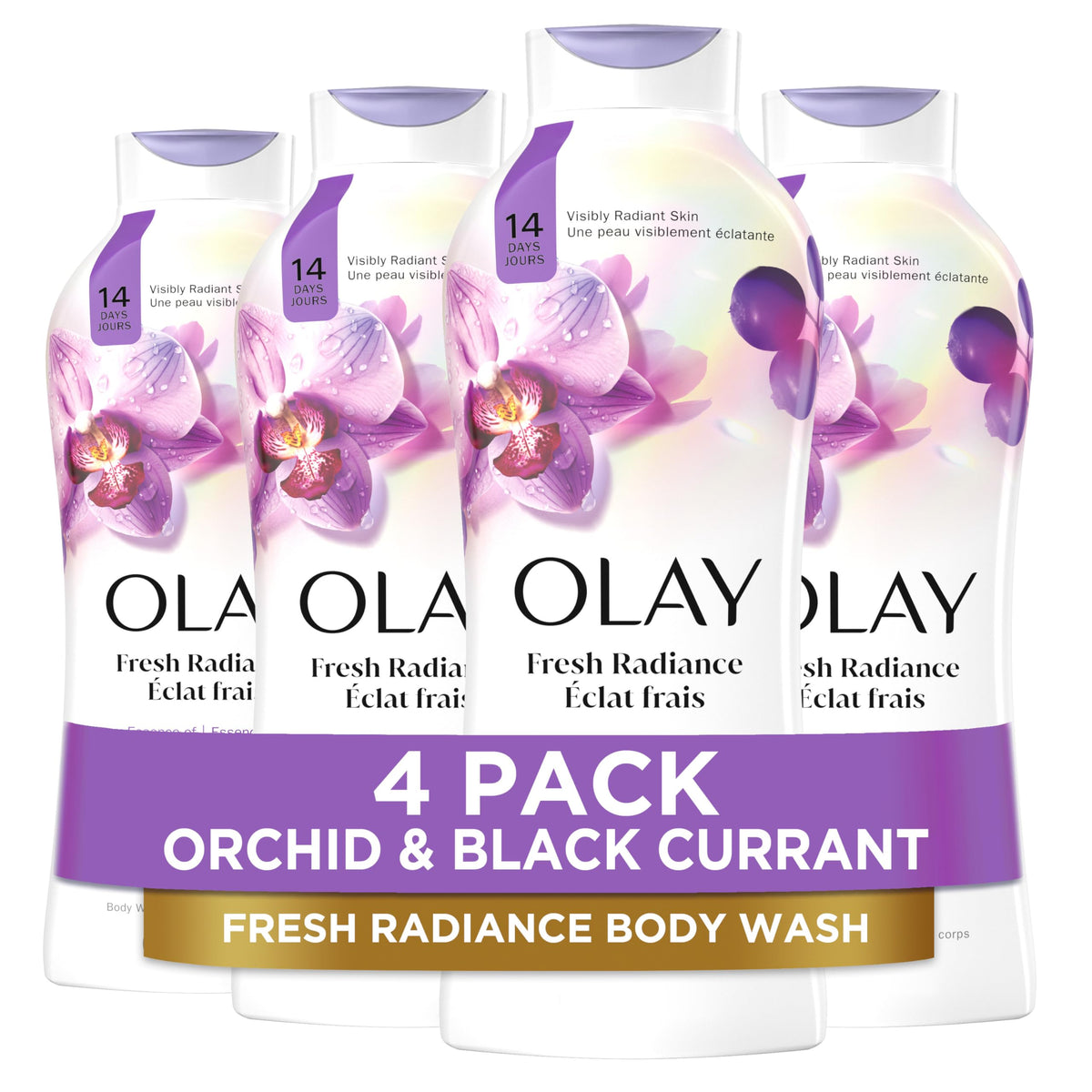 Olay Body Wash for Women, Fresh Radiance, Refreshing & Renewing, Made with Plant Based Cleansers, B3 Botanical Complex, For All Skin Types, Birch Water & Lavender Scent, 33 fl oz (Pack of 4)