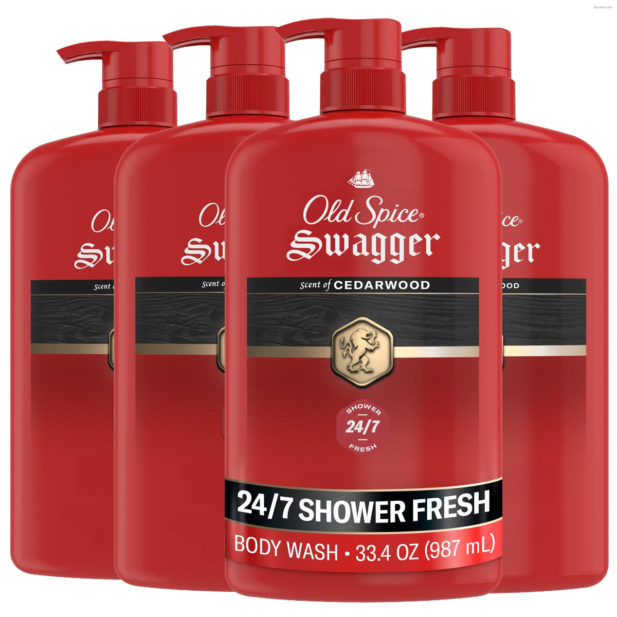 Old Spice Body Wash for Men, 24/7 Shower Fresh with Long Lasting Scent, Refreshing 3X Defense, Red Collection, Swagger with Cedarwood Scent, 33.4 oz (Pack of 4)