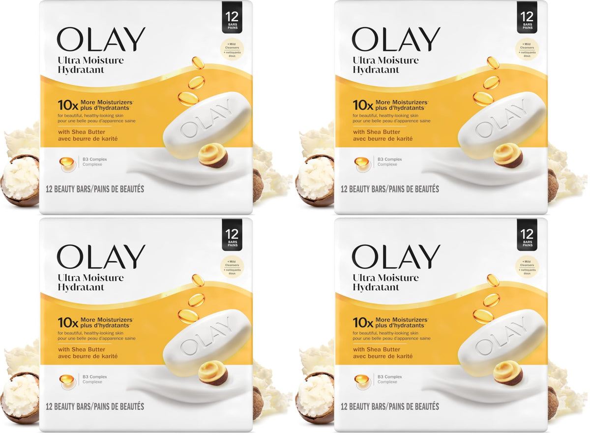 Olay Beauty Bar, Ultra Moisture,10x More Moisturizers, Nourishing Conditioners, Smooth & Gentle on Skin, Vitamin B3 Complex, For All Skin Types, Shea Butter Scent, 3.17 oz, (Pack of 12)