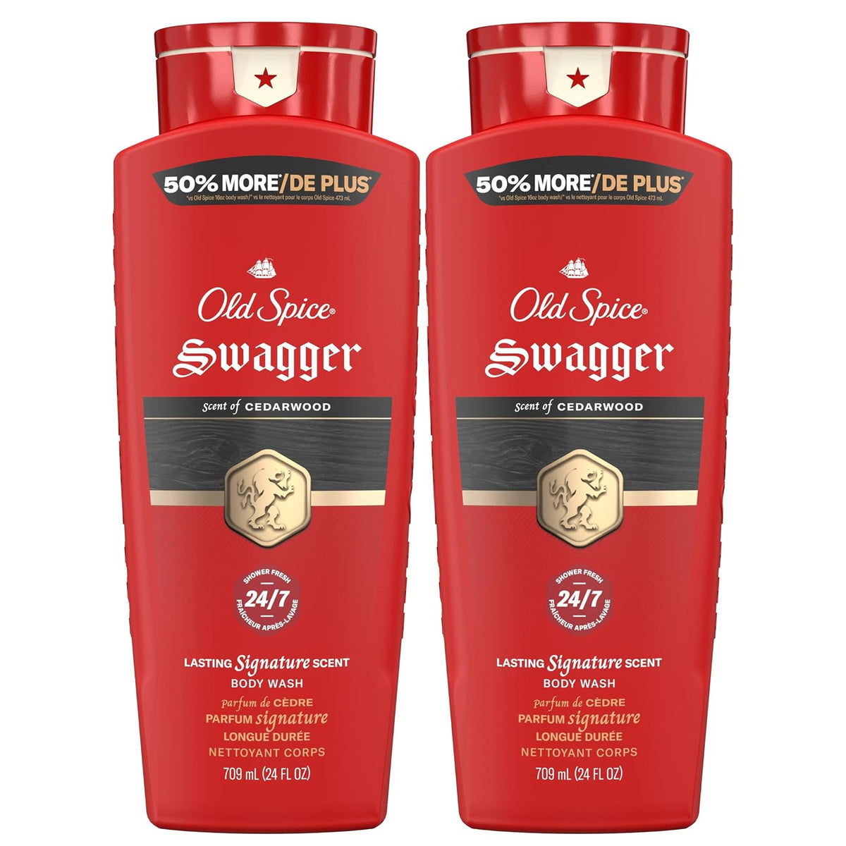 Old Spice Refreshing Body Wash for Men, 3X Defense, 24/7 Shower Fresh with Long Lasting Scent, Red Collection, Swagger with Cedarwood Scent, 24 oz (Pack of 2)