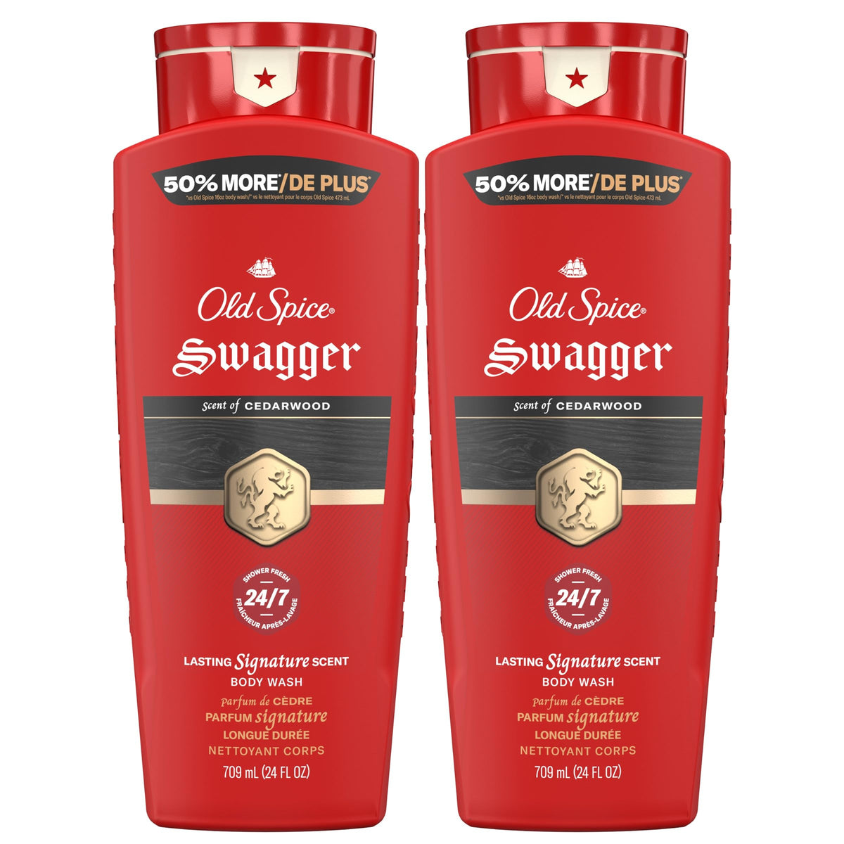 Old Spice Refreshing Body Wash for Men, 3X Defense, 24/7 Shower Fresh with Long Lasting Scent, Red Collection, Swagger with Cedarwood Scent, 24 oz (Pack of 2)