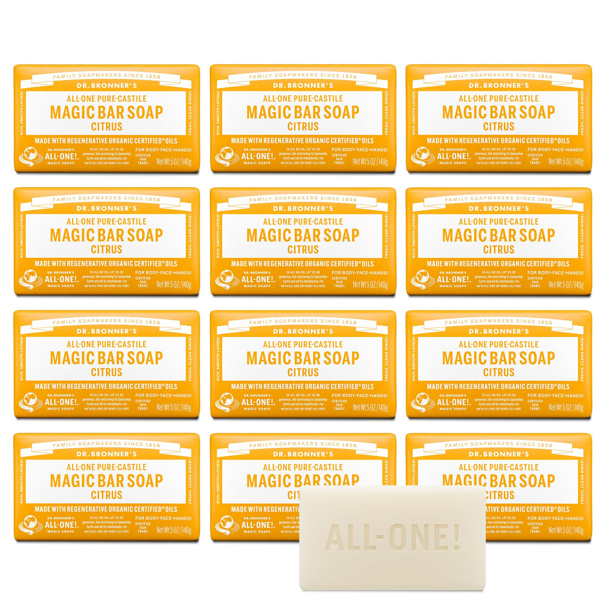 Dr. Bronner's Pure-Castile Bar Soap for Men & Women, Citrus, 5 oz, 6-Pack