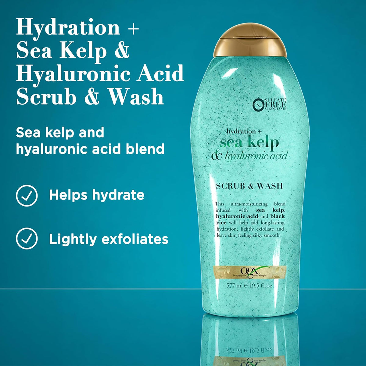 OGX Hydration + Sea Kelp & Hyaluronic Acid Sulfate-Free Lightly Moisturizing Body Scrub with Black Rice, Gentle Exfoliating Daily Body Wash to Soften & Smooth Skin, 19.5 Fl Oz
