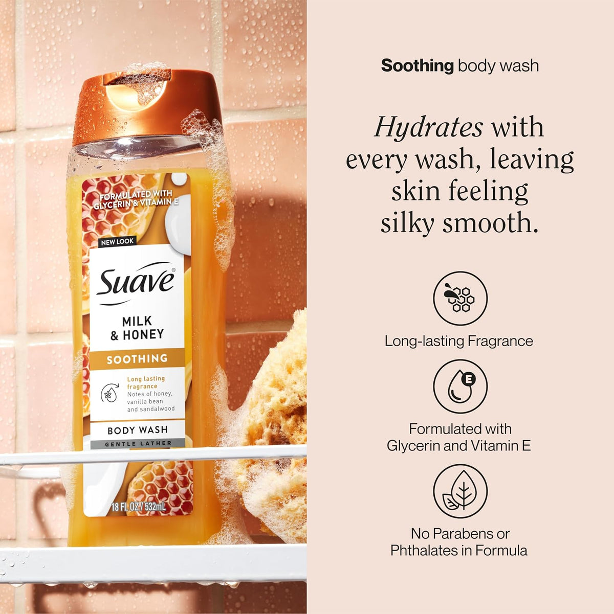 Suave Moisturizing Body Wash, with Milk & Honey and Vitamin E Extract, No Parabens, No Phtahaltes, 18 Oz Pack of 6