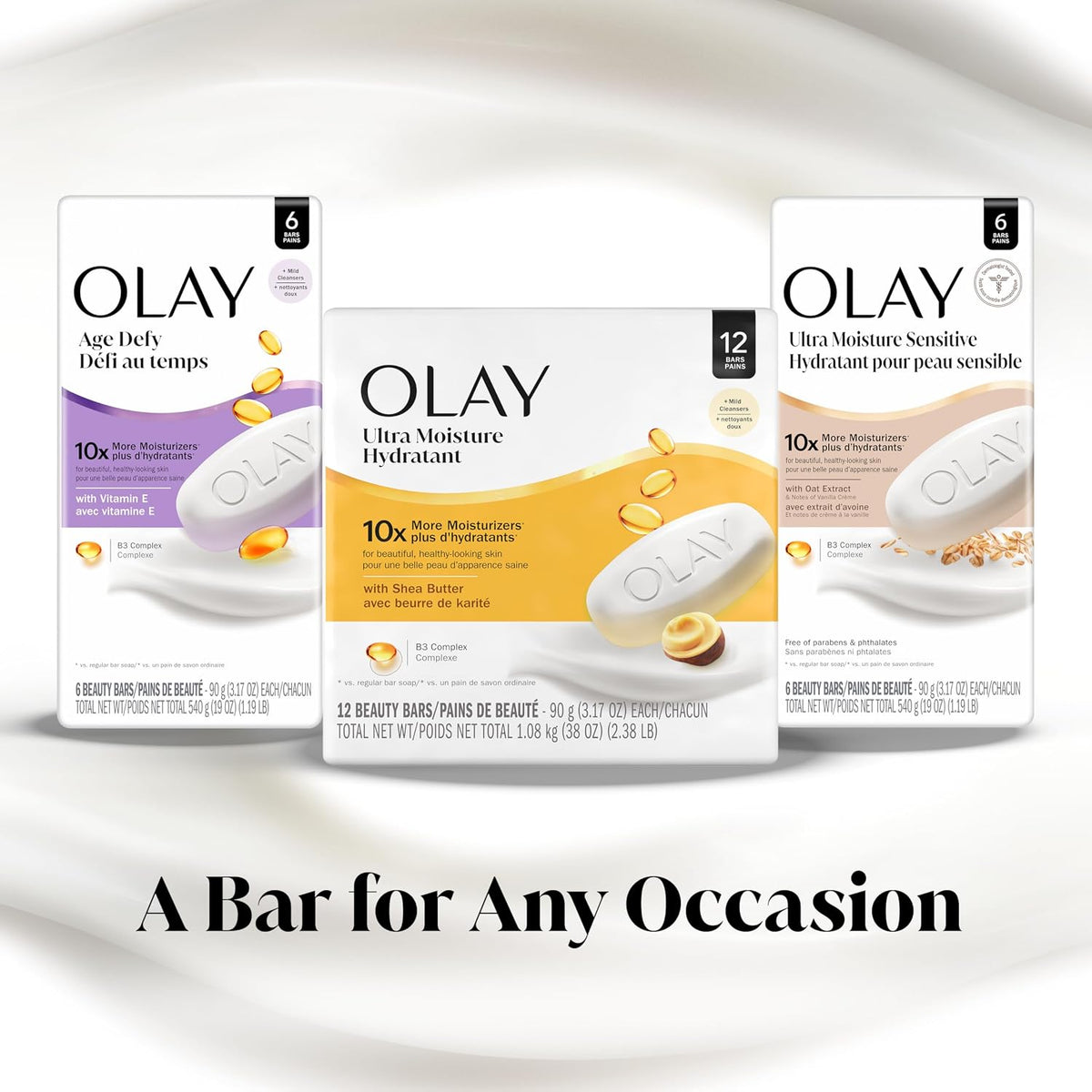 Olay Beauty Bar, Age Defying, 10x More Moisturizers, Smooth & Gentle on Skin, Vitamin E & Vitamin B3 Complex, For All Skin Types, Shea Butter Scent, 3.17 oz, (Pack of 8)