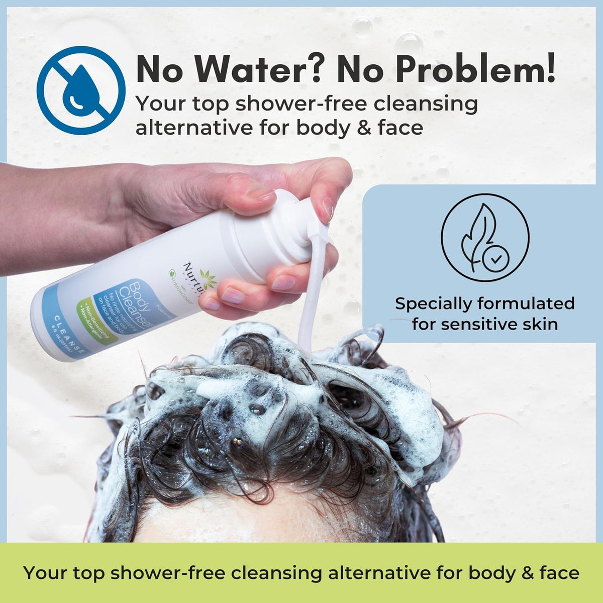 Nurture Rinse Free Waterless Foaming Cleanser Body Wash w/Aloe 8oz 3 Pack