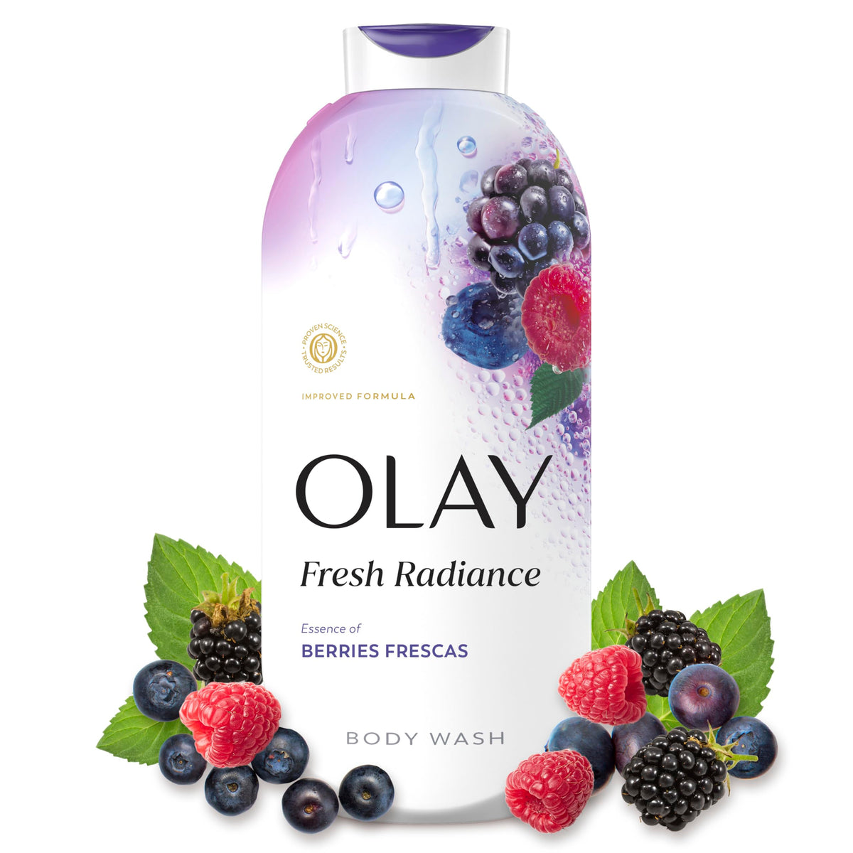 Olay Body Wash for Women, Fresh Radiance, 24/7 Skin-Loving Freshness, Visibly Radiant, Plant Based Cleansers, Vitamin B3 & Antioxidant Blend, For All Skin Types, Orchid & Black Currant Scent, 22 fl oz