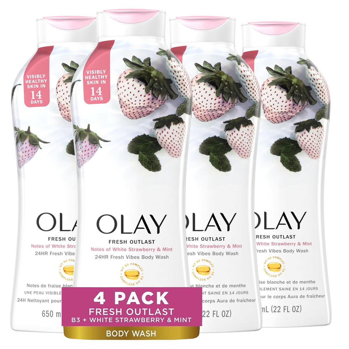 Olay Body Wash for Women, Fresh Radiance, Refreshing & Renewing, Made with Plant Based Cleansers, B3 Botanical Complex, For All Skin Types, Birch Water & Lavender Scent, 33 fl oz (Pack of 4)