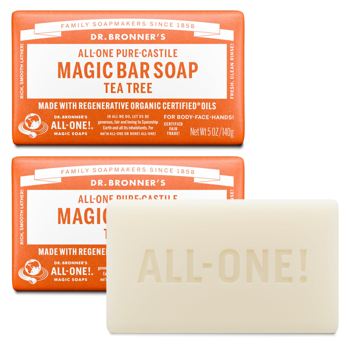 Dr. Bronner's Pure-Castile Bar Soap for Men & Women, Tea Tree, 5 oz, 6-Pack