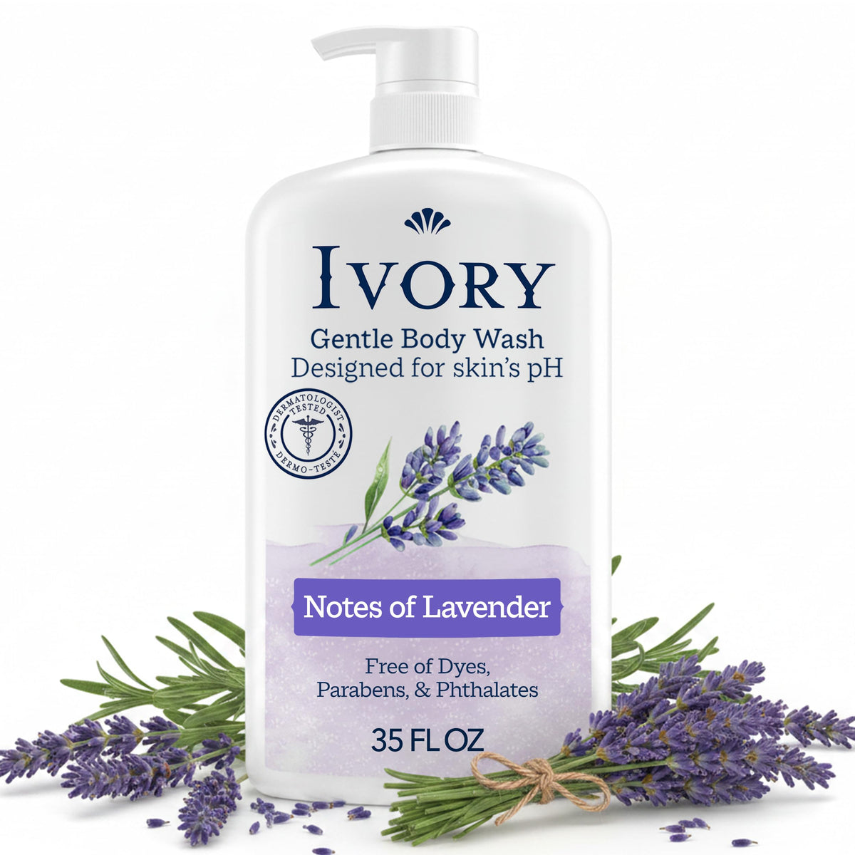Ivory Body Wash, Designed for the Whole Family, Gentle Formula, Free of Dyes Heavy Perfumes Parabens Phthalates & Silicones, Designed for Skin's pH, Water Lily Scent, 35 oz
