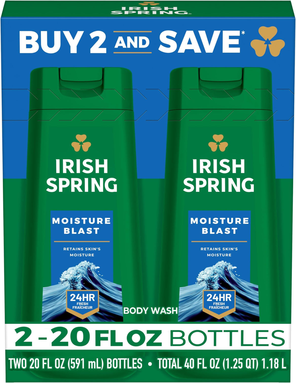Irish Spring Original Moisturizing Body Wash for Men, 24-Hour Fresh, Face and Body Wash, Men’s Body Wash, Biodegradable Ingredients, Paraben Free, Cool Fresh Scent, 20 fl oz Bottle (2 Pack)