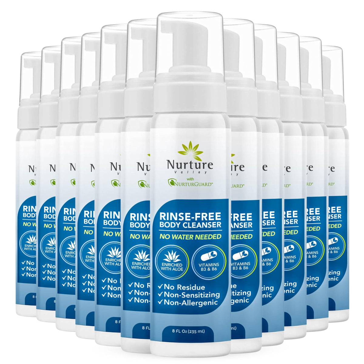 Nurture Rinse Free Waterless Foaming Cleanser Body Wash w/Aloe 8oz 3 Pack